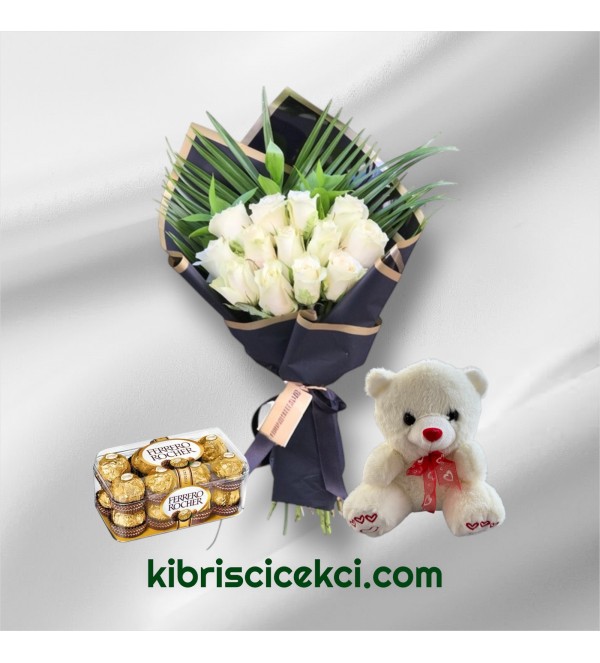 13 Beyaz Gül Buketi Ayıcık 16'lı Ferrero Çikolata